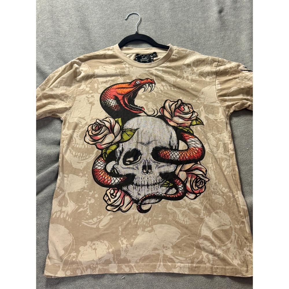 Rebel Vengeance Rhinestone Skull Snake Rose Graphic Tee Tan Mens M